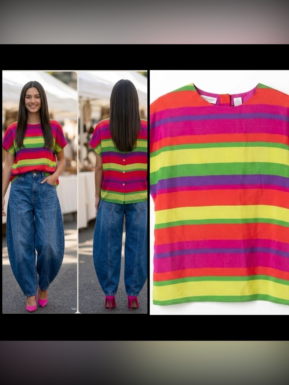 Vintage Y2K Liz Claiborne Silk Bright Rainbow Stripe Button Back Boxy Top 14